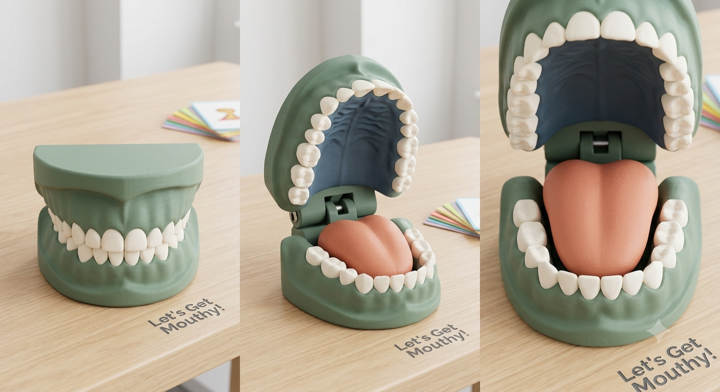 Example product image showing the mouth model closed, open, and the textured roof of the mouth